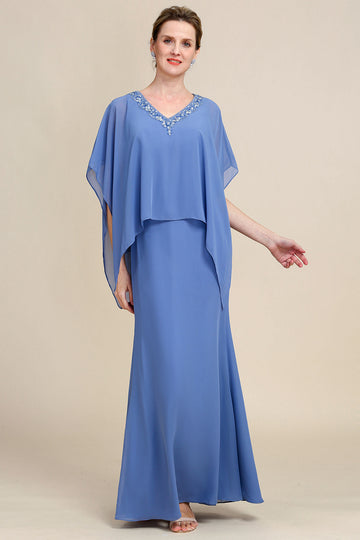Gris Azul Vestido de Madrina Con Cuentas Batwing Mangas
